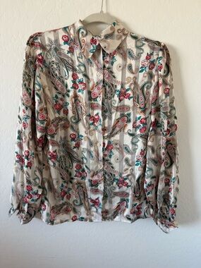 Printed Paisley Button-Up Shirt in Cream and Teal